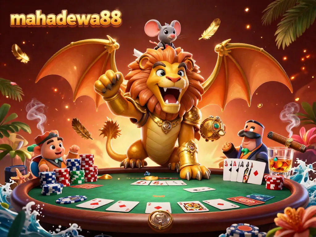 Experience thrilling gameplay with mahadewa88's golden chimera creature and dynamic poker scene.
