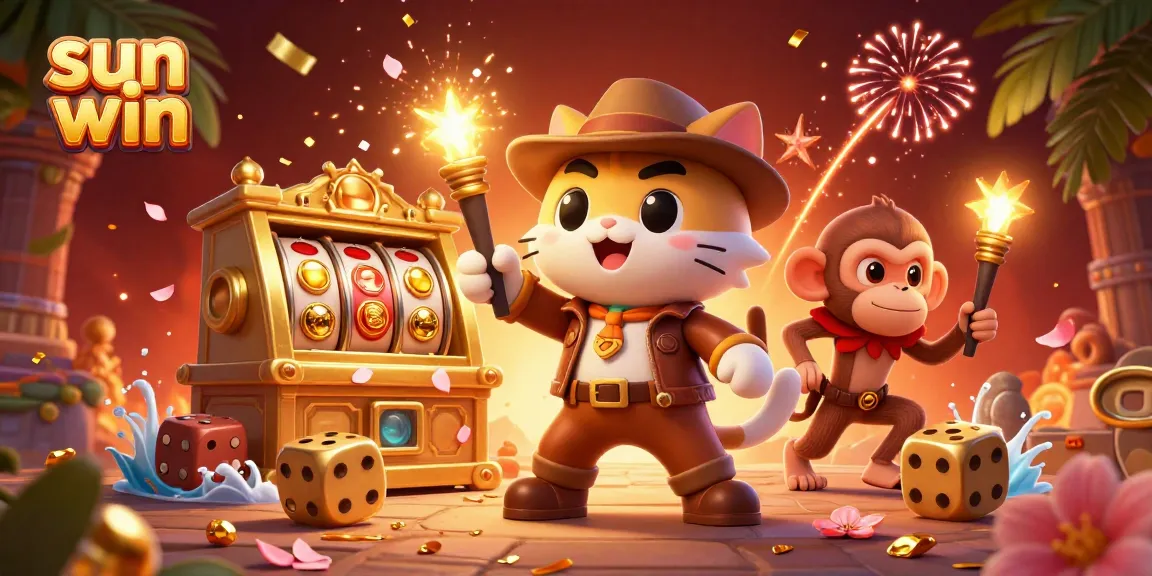 Unleash winning potential at Sun Win with a vibrant scene of an explorer cat discovering a slot artifact.