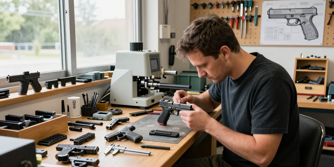 Expert craftsman customizing Glock slides in precise workshop, showcasing quality tools and aftermarket parts at https://precisionglockslides.com.