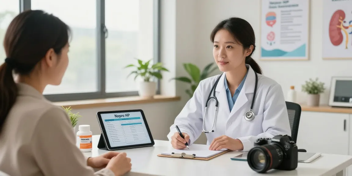 Patient learning about Nepro HP nutrition in a clinic setting with healthcare professional.