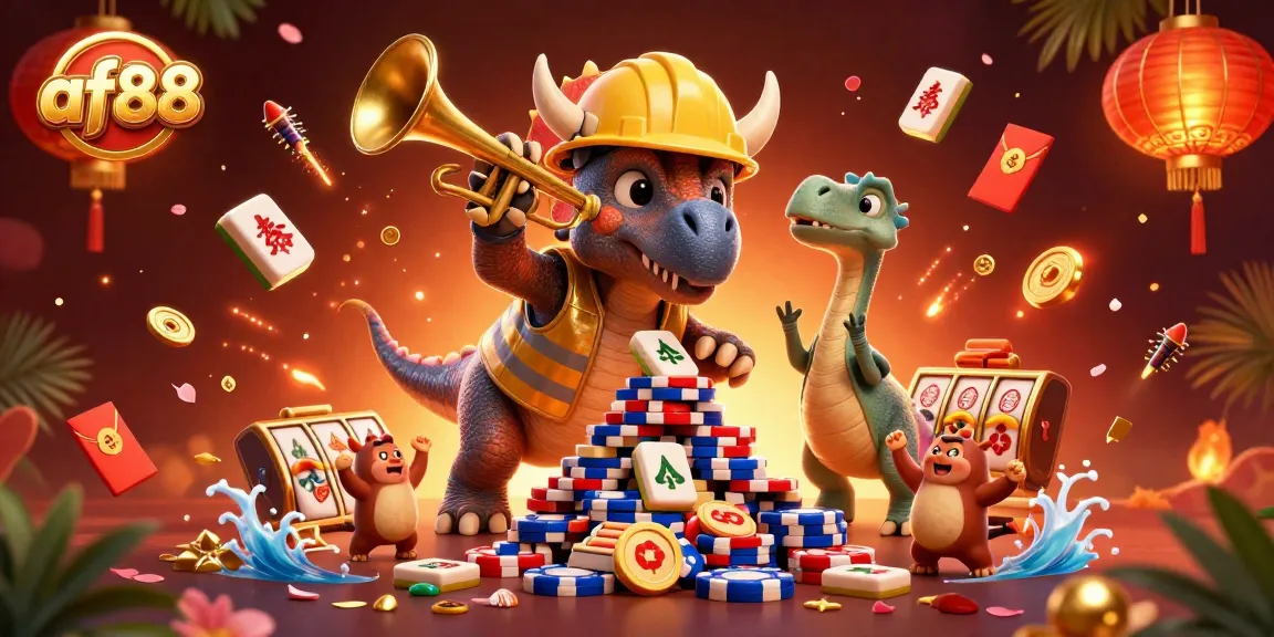 Engage with af88 while a triceratops builds poker chips surrounded by festive casino elements.