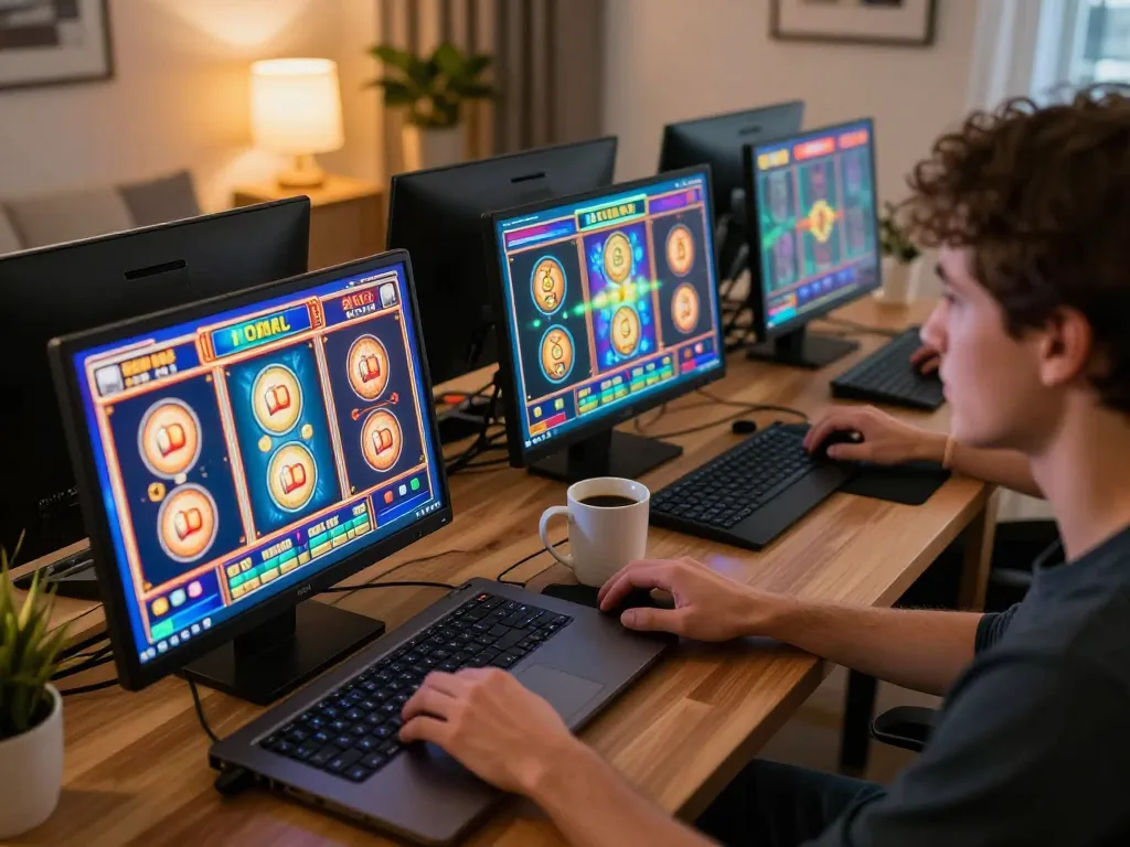Person enjoying slot machines in a cozy home gaming setup, enhancing online casino experience