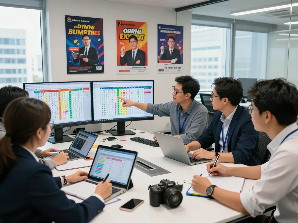 Dynamic team analyzing HK Hari Ini lottery data in a modern office