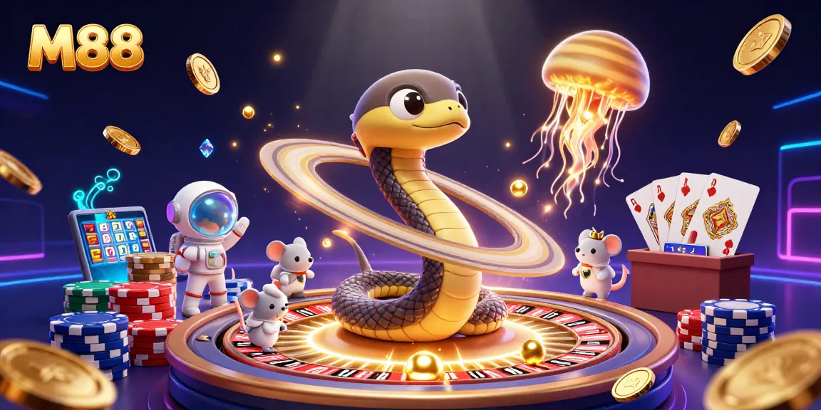 M88 offers thrilling gameplay with lively astronauts betting around a cosmic roulette wheel, showcasing vibrant casino elements.