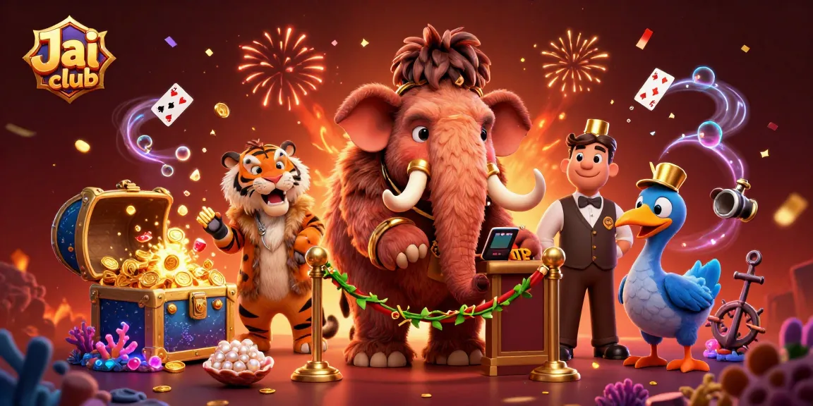 Jai club gaming illustration featuring a cartoon mammoth checking IDs with a saber-tooth tiger and a dodo doorman.