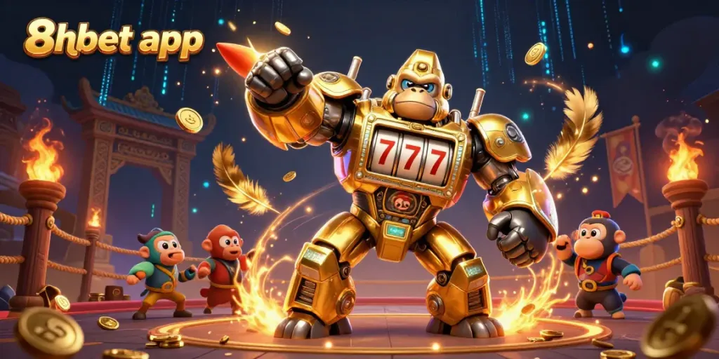 Experience the excitement of 8xbet app with a golden mech and dynamic casino elements.