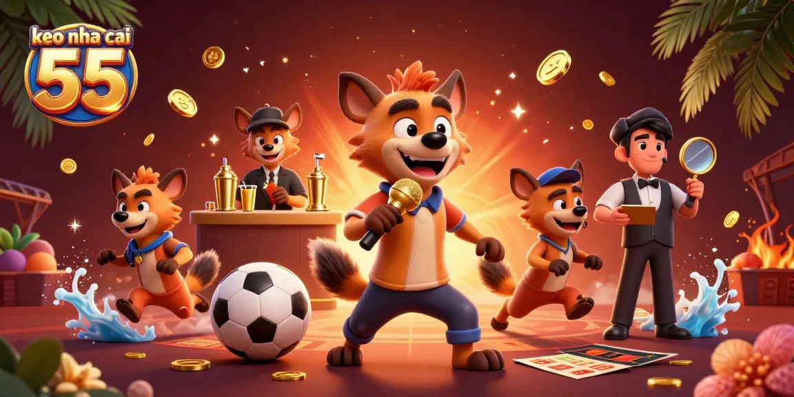 Engage with keo nha cai 55 at a lively sports betting casino depicted in a vibrant 3D illustration.