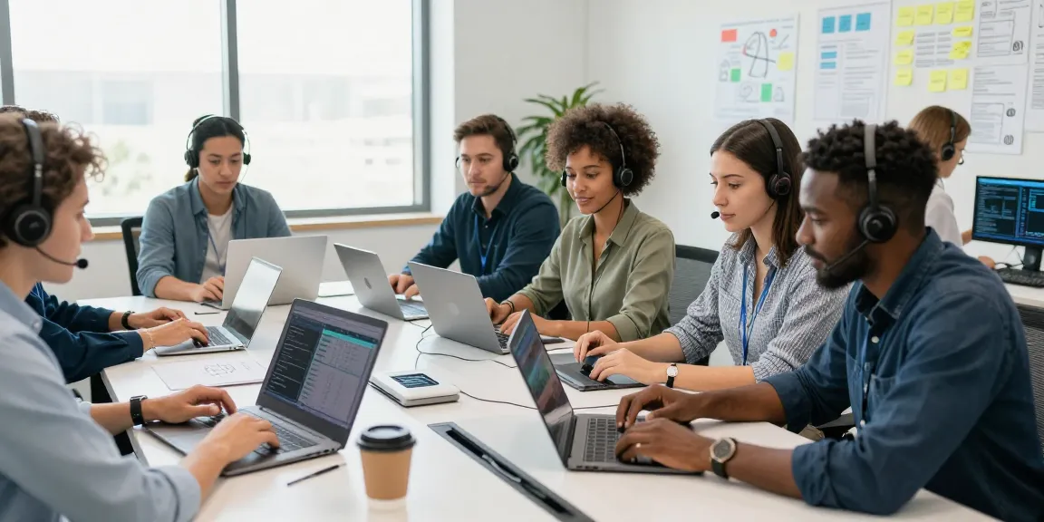Business IT support services team collaborating in a modern office environment.