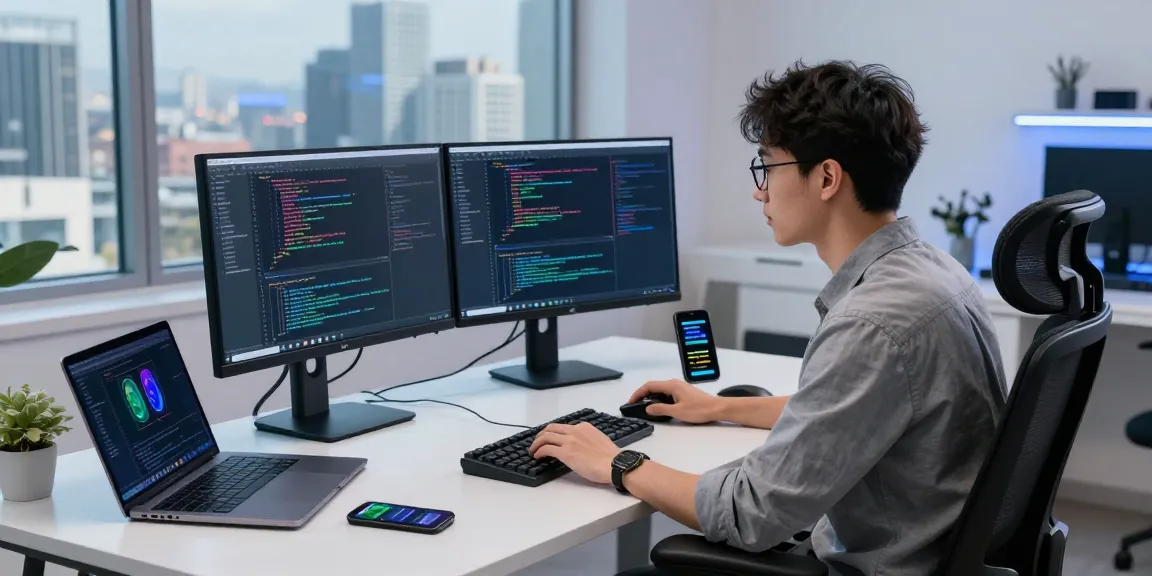 The software engineer coding at a computer in a modern office environment representing 纸飞机中文版官网 features.