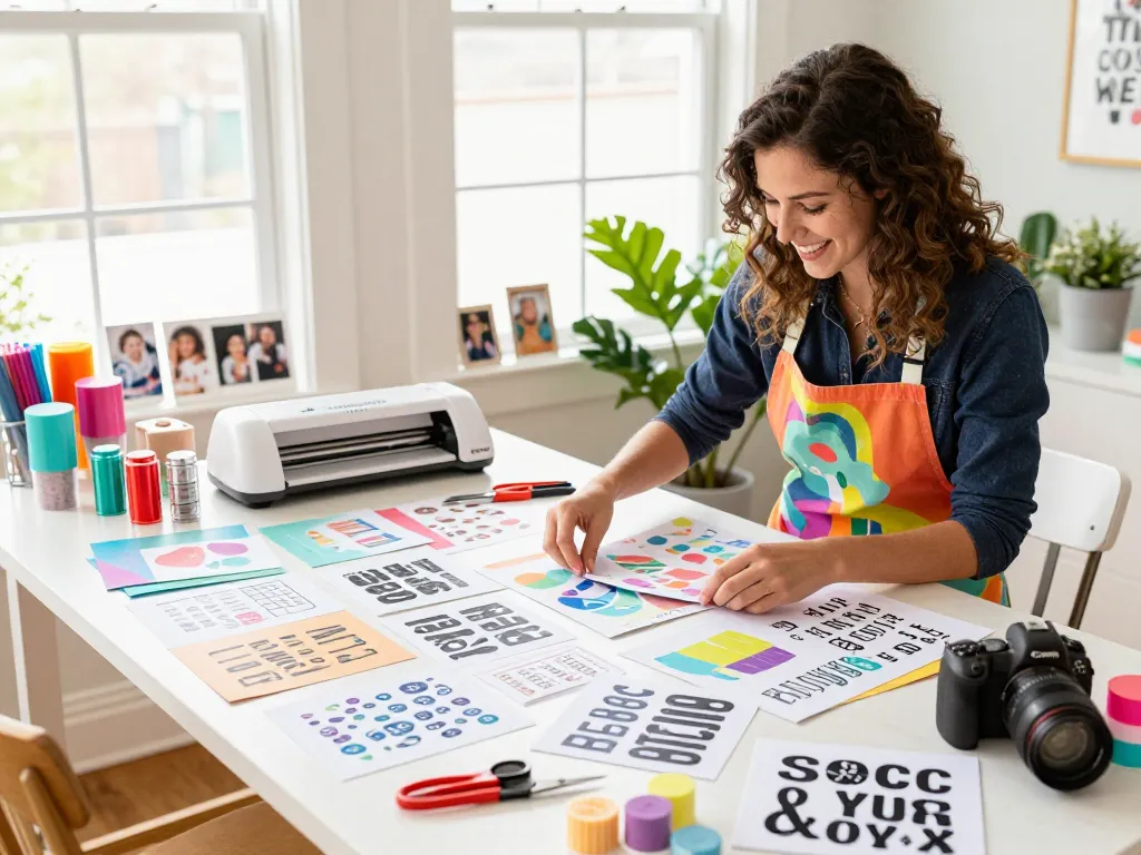 Crafting with a cricut svg bundle, showcasing vibrant studio, tools, and lively ambiance.