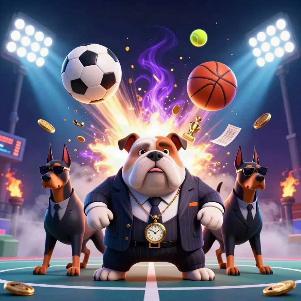 Cartoon bulldog boss and Dobermans amid flying sports balls, coins, trophy, and dramatic stadium lights.