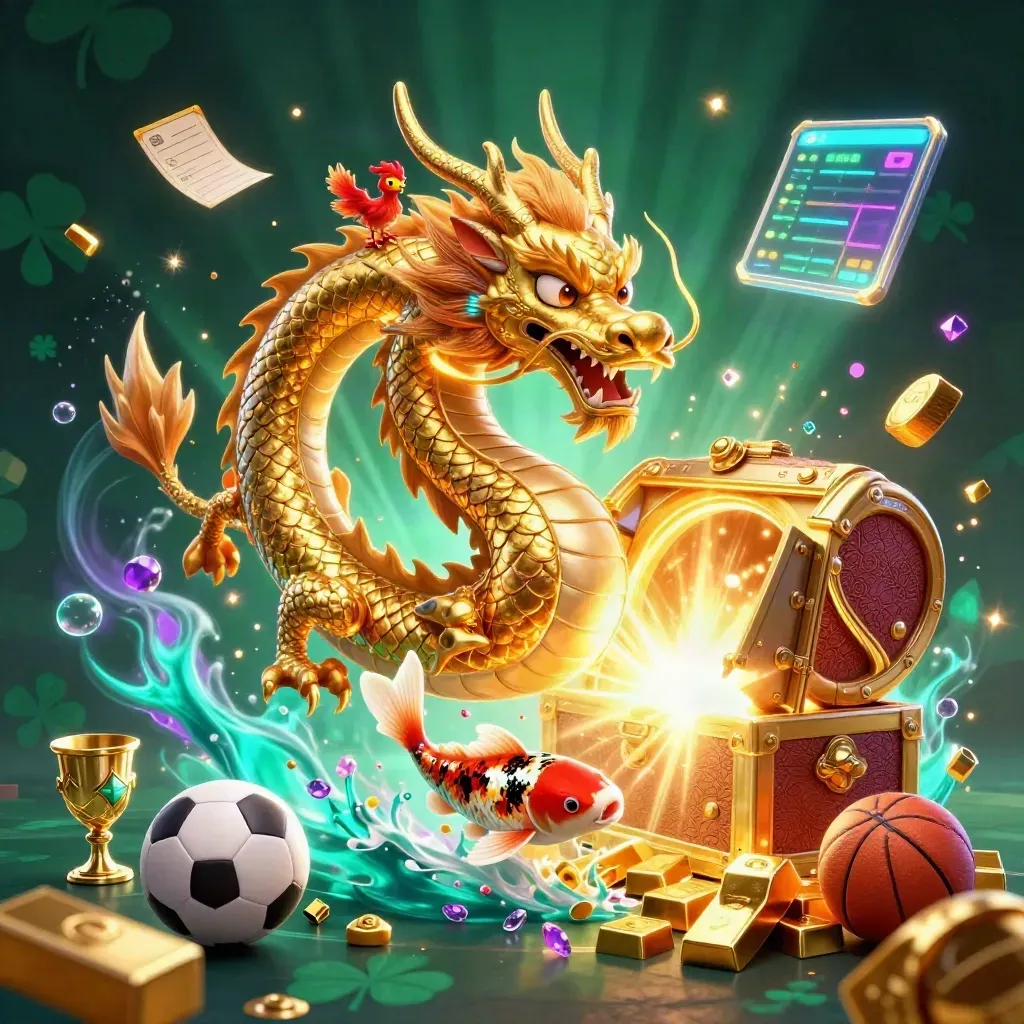 Golden dragon, phoenix, koi, treasure vault, gold, and sports balls in a neon casino burst.