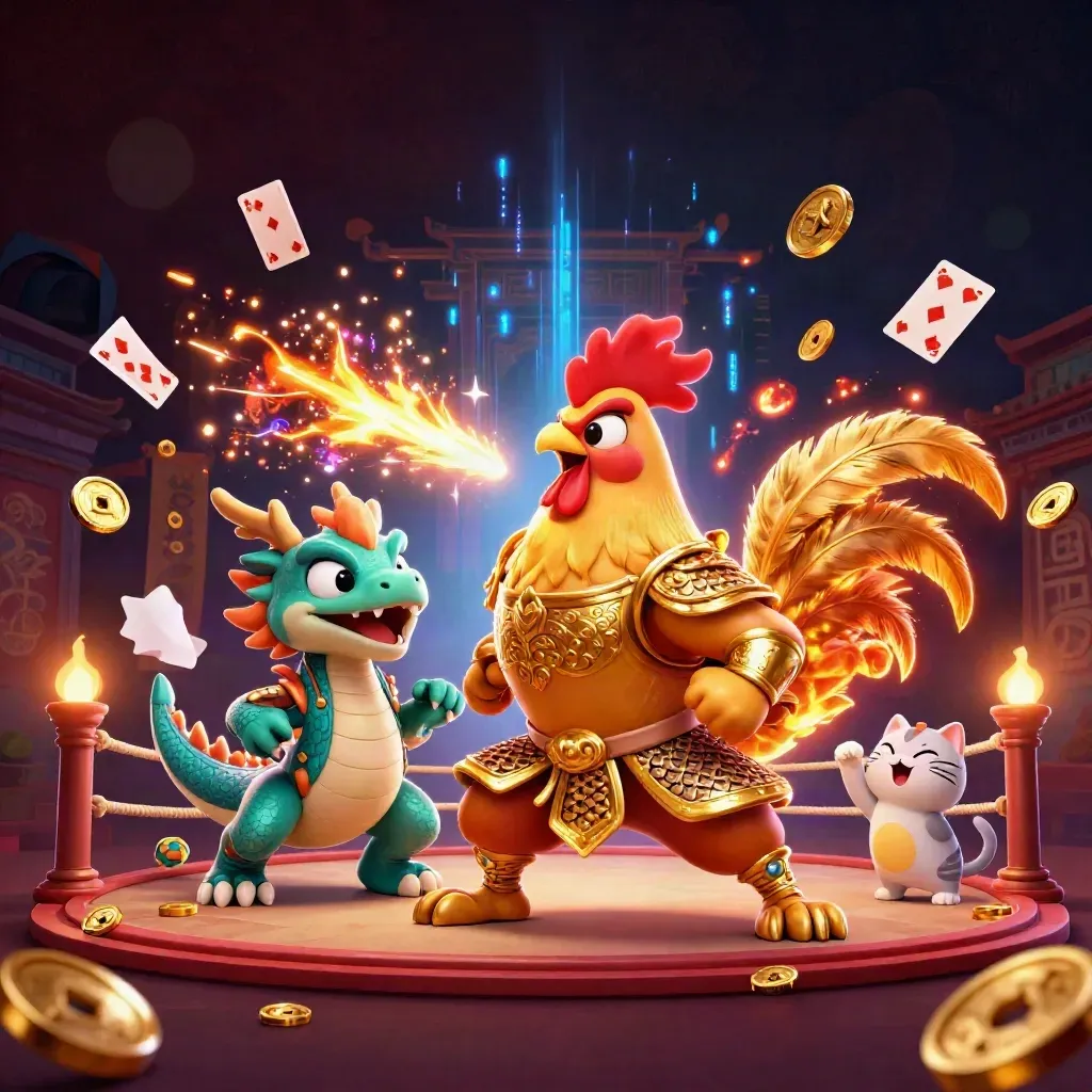 Rooster samurai, dragon hatchling and fortune cat amid casino gold, neon sparks and temple darkness.