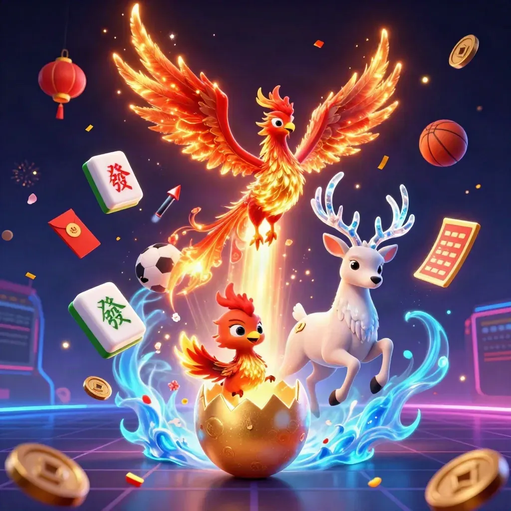 Phoenix, stag, and hatchling surge through neon casino lights with floating game icons.
