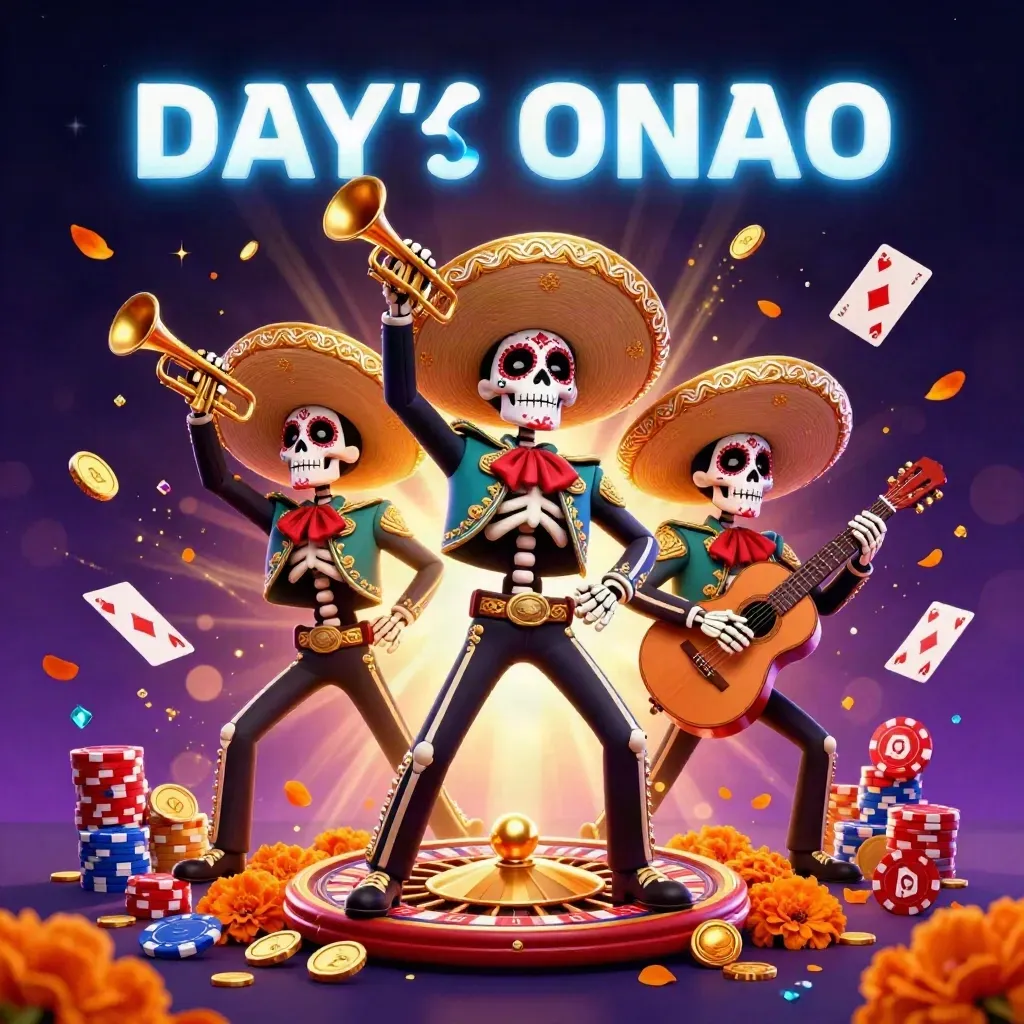 Day-of-the-Dead skeleton mariachi trio with coins, cards, chips, and a spinning roulette wheel