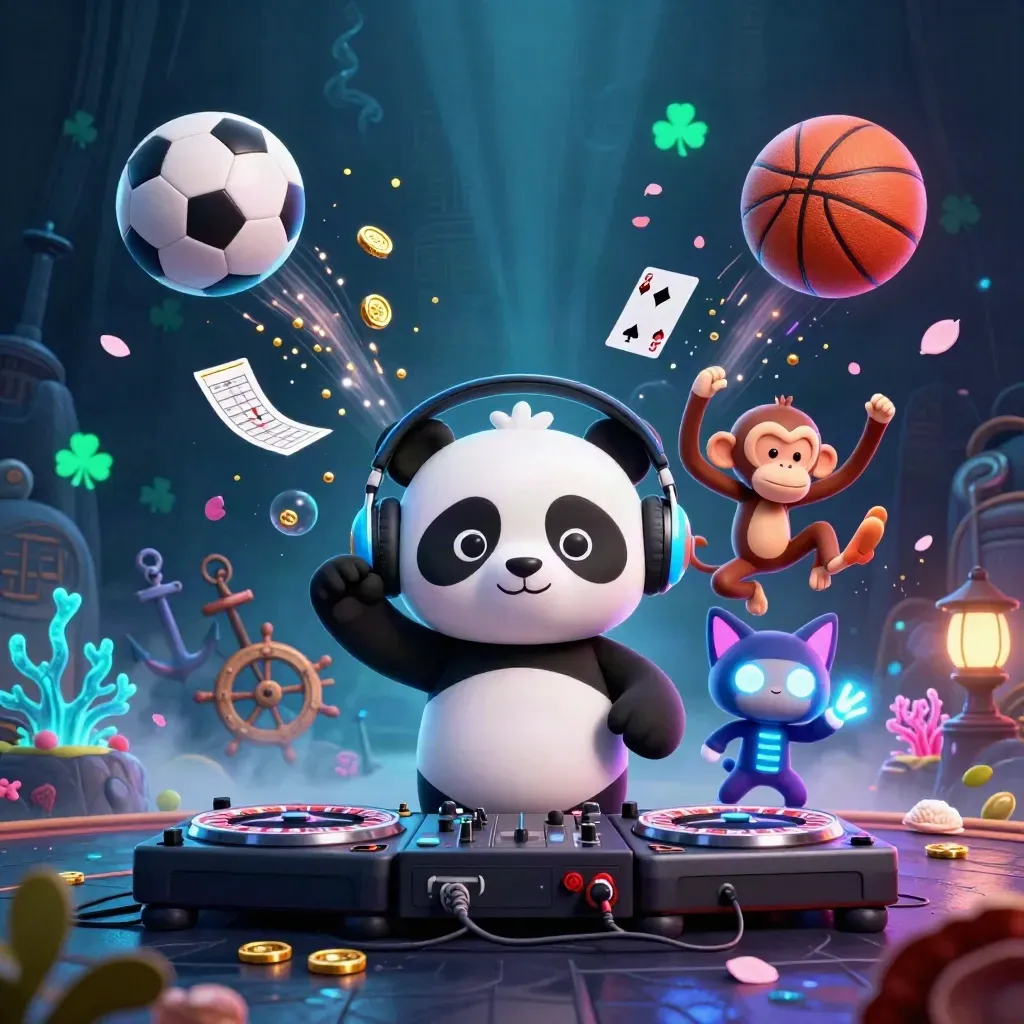 Cartoon panda DJ, monkey, and kitten amid treasure cove balls, cards, and glowing casino lights