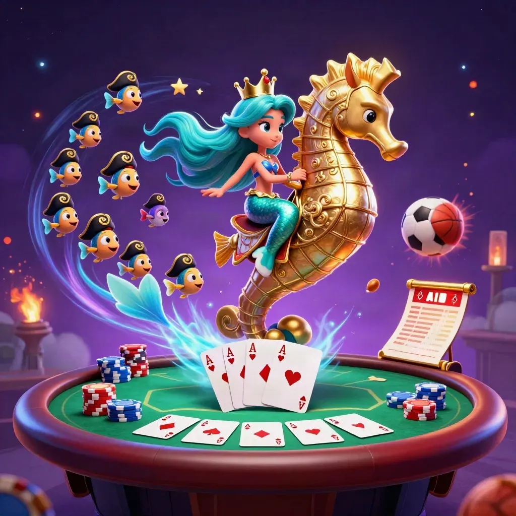Mermaid princess on armored seahorse with pirate fish, poker chips, cards, soccer ball, basketball in neon casino glow