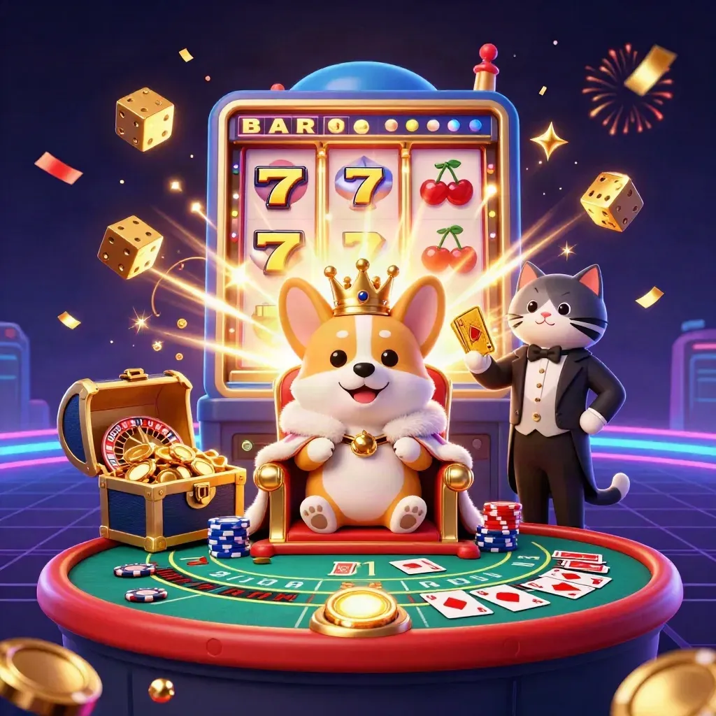 Corgi king and cat butler amid slot machine, dice, gold, confetti in neon casino glow