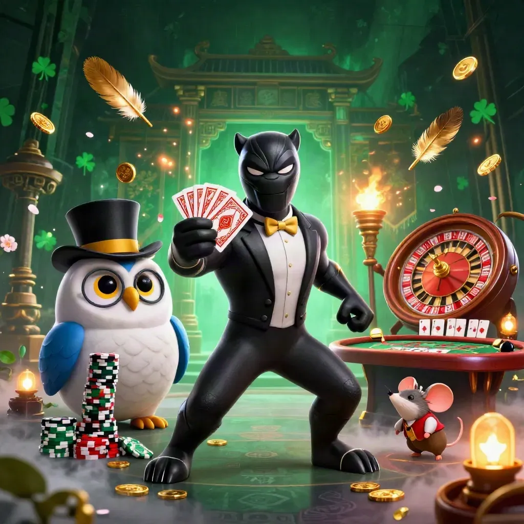 Panther, owl, and mouse in a luxe casino scene with glowing rings, temple gate, coins, and dramatic lights