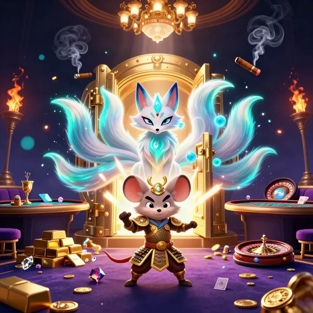Fox spirit and armored mouse amid vault gold, jewels, casino lights, and swirling magic in a navy lounge.
