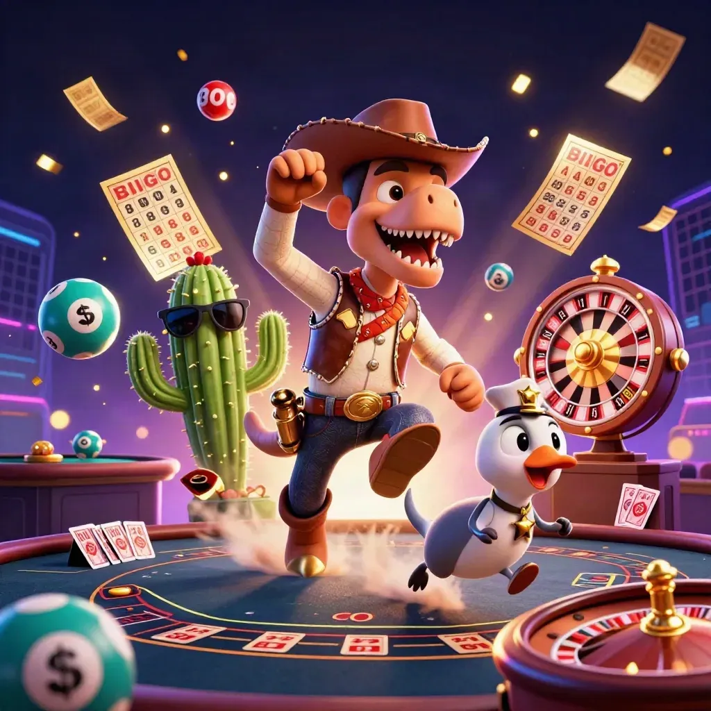 Cartoon T-Rex cowboy, cactus sidekick, and roadrunner in a neon casino-western explosion