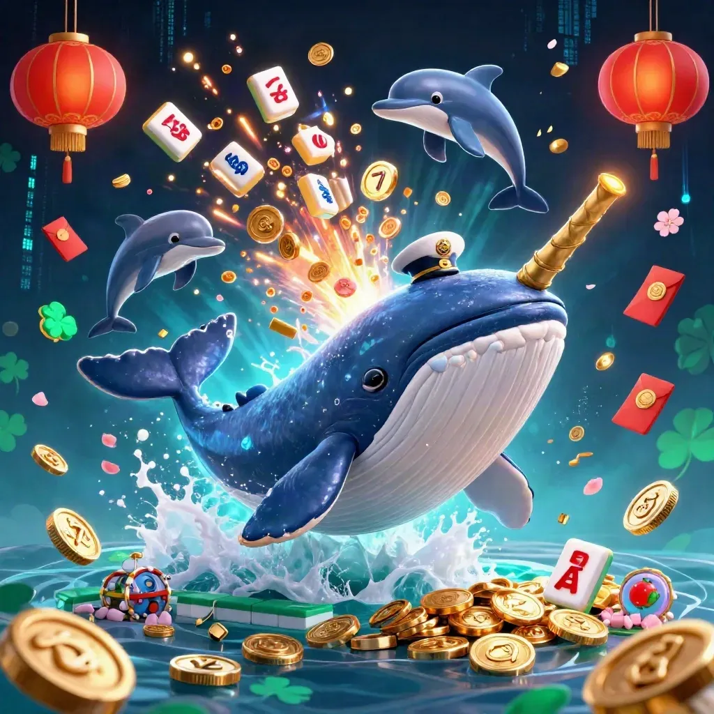 Whale captain, narwhal and dolphins burst through coins, lanterns and jade in electric-blue casino neon.