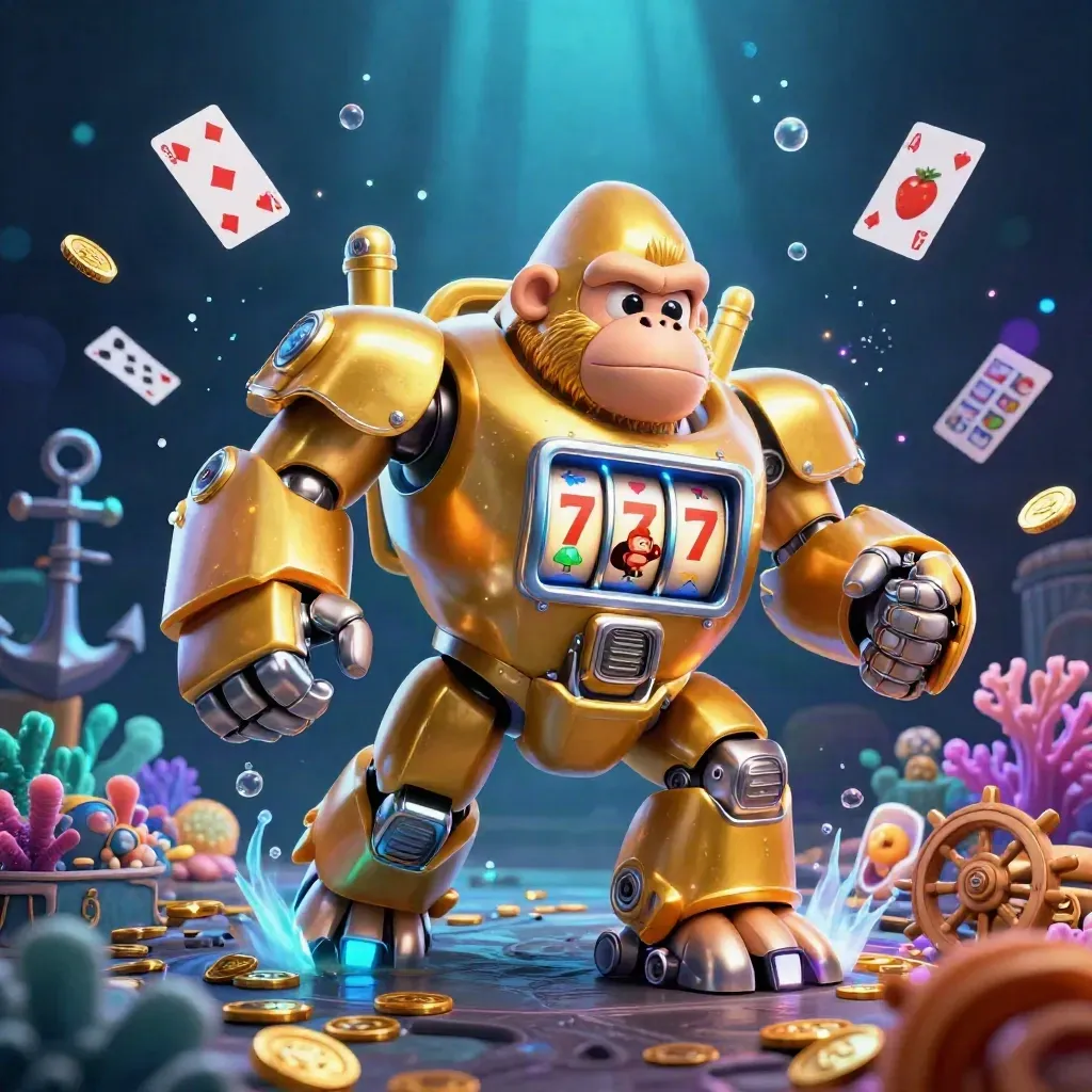 Golden gorilla mech with monkey pilot amid treasure, coral, bubbles and blue glow.