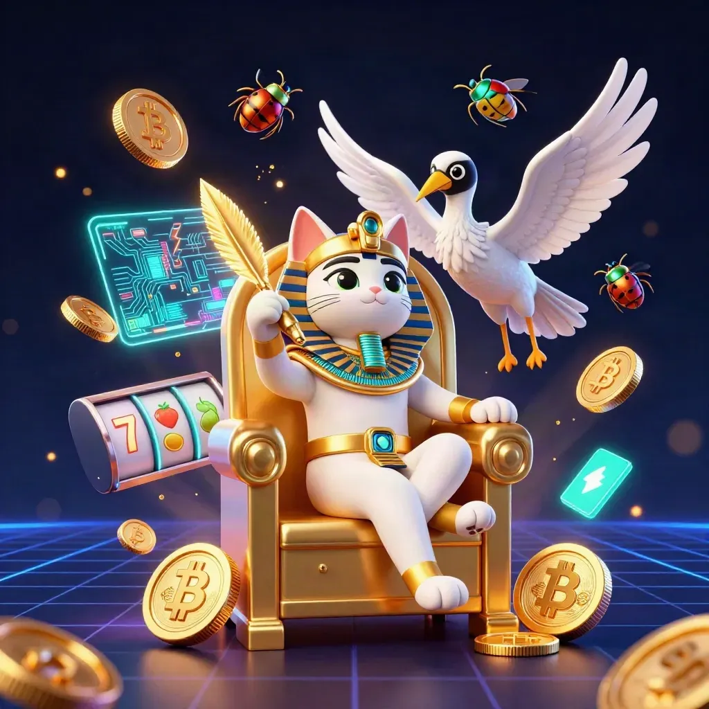 Pharaoh cat on a golden throne with ibis scribe, scarabs, neon coins, and casino energy.