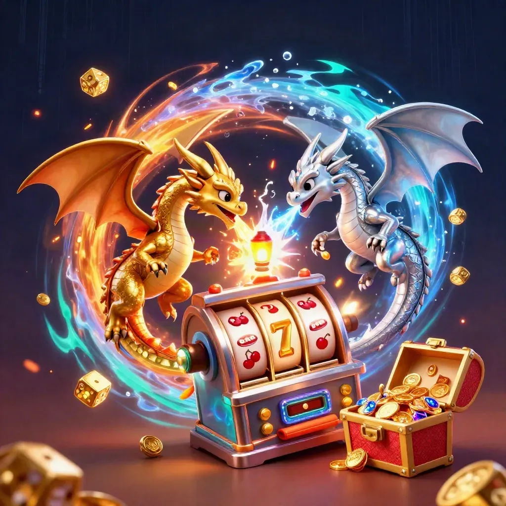 Gold and silver dragons spiral around a bursting slot machine and treasure in electric blue light