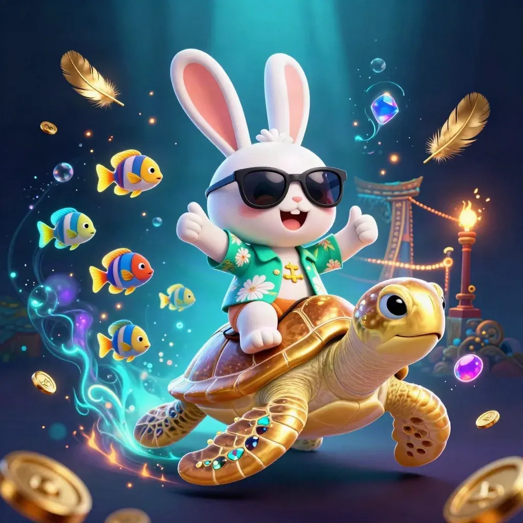 Lucky rabbit rides a jeweled sea turtle amid treasure, fish, and electric-blue casino glow