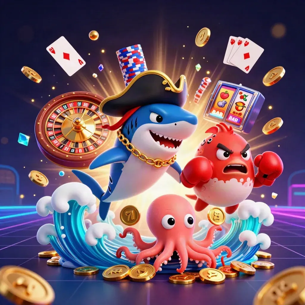Shark pirate, boxing pufferfish, and coin-juggling octopus amid neon casino treasure.