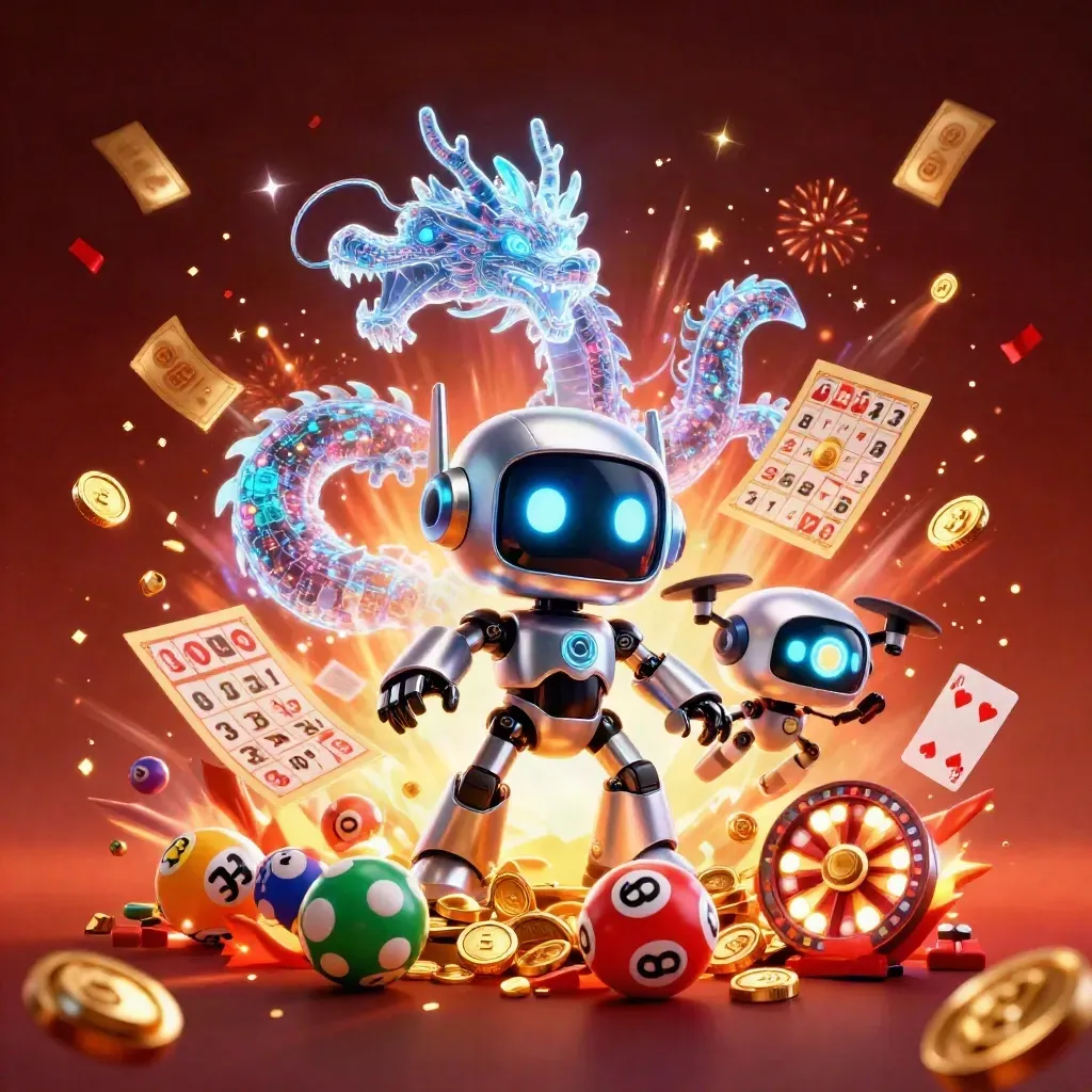 Cyberpunk robot, holographic dragon, and drone amid casino treasure burst, coins, and fireworks