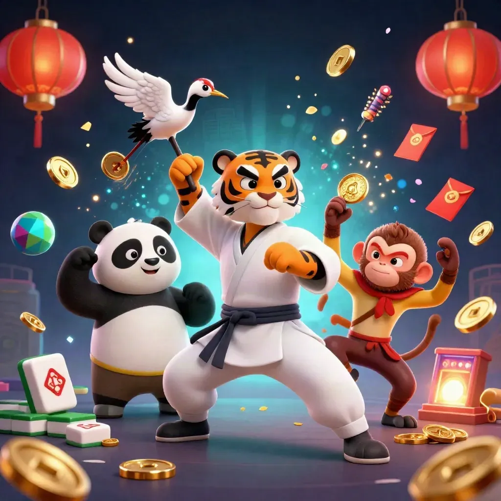 Tiger master, panda disciple, and monkey student amid coins, lanterns, fireworks, and mahjong tiles.