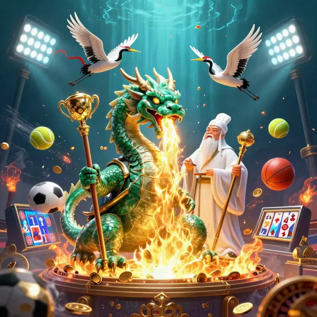 Dragon, turtle sage, and cranes amid casino treasure, coins, sports balls, and fireworks.