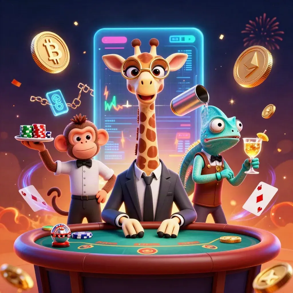 Giraffe high roller, monkey valet, and chameleon bartender amid coins, fireworks, and glowing casino effects.