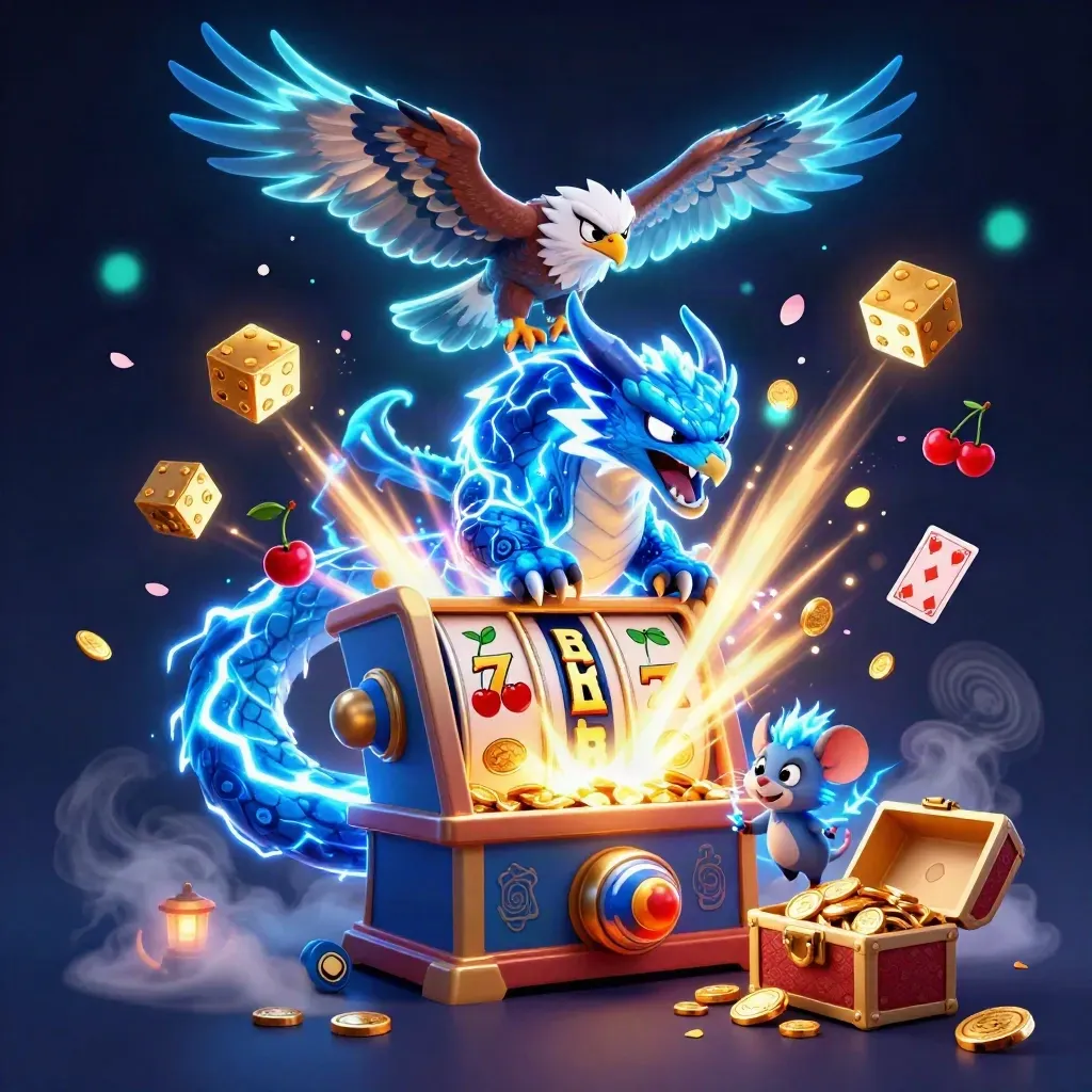 Thunder dragon, wind hawk, and static mouse amid jackpot slots, coins, and fireworks
