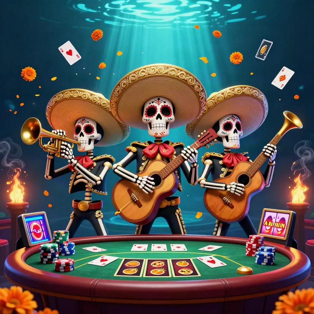 Three skeleton mariachi players erupt amid chips, cards, reels and glowing casino light on a dark teal backdrop