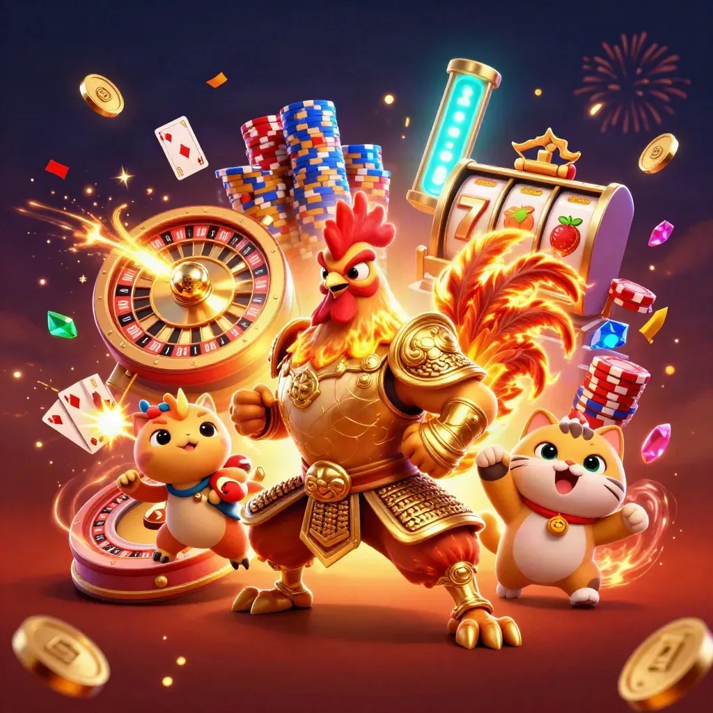 Rooster warrior, dragon hatchling, and cheering fortune cat amid casino sparks and coin bursts.
