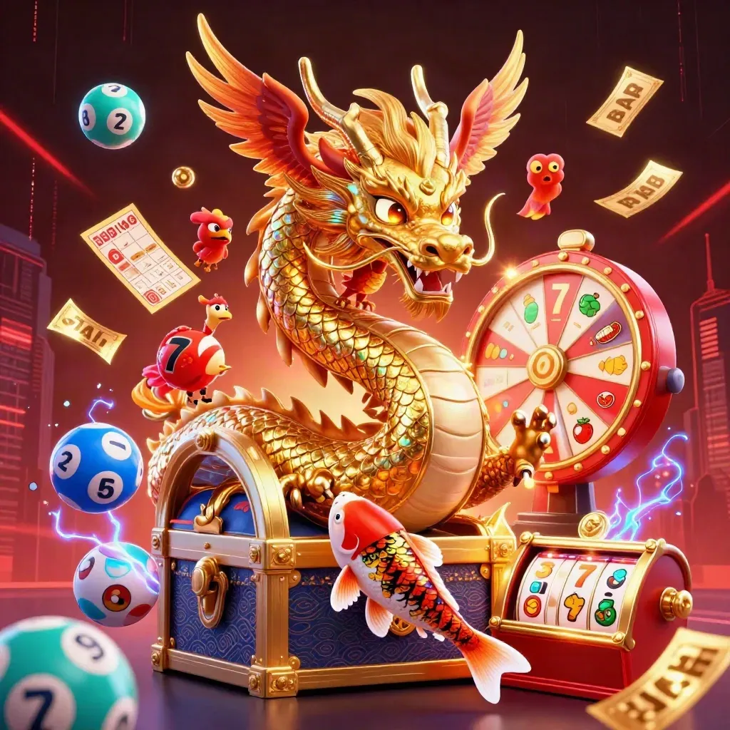 Golden dragon, phoenix, koi, and casino reels on a dark red-black neon background.