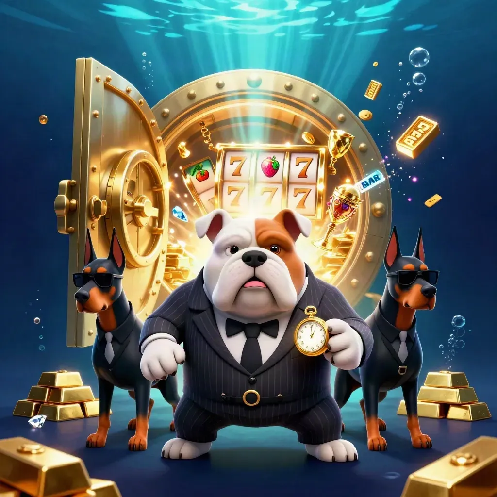 Bulldog mafia boss and two Dobermans burst from a glowing vault with coins underwater.