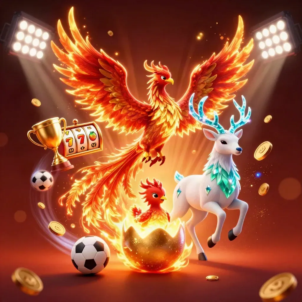 Fire phoenix, baby phoenix, and crystal-antlered stag amid casino reels, coins, balls, and a trophy.