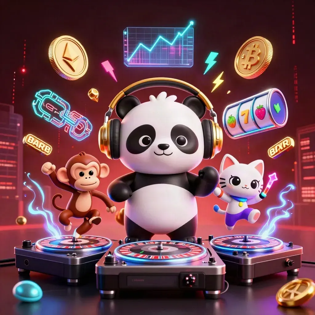 DJ panda, dancing monkey, and glow-stick kitten amid neon casino coins and lightning