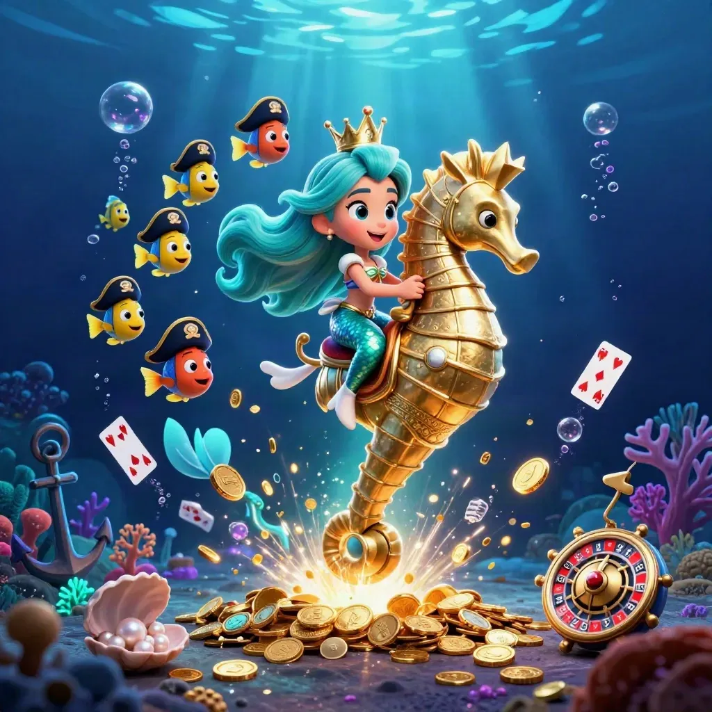 Mermaid princess riding armored seahorse in a glowing underwater treasure cove with fish, coins, and cards.