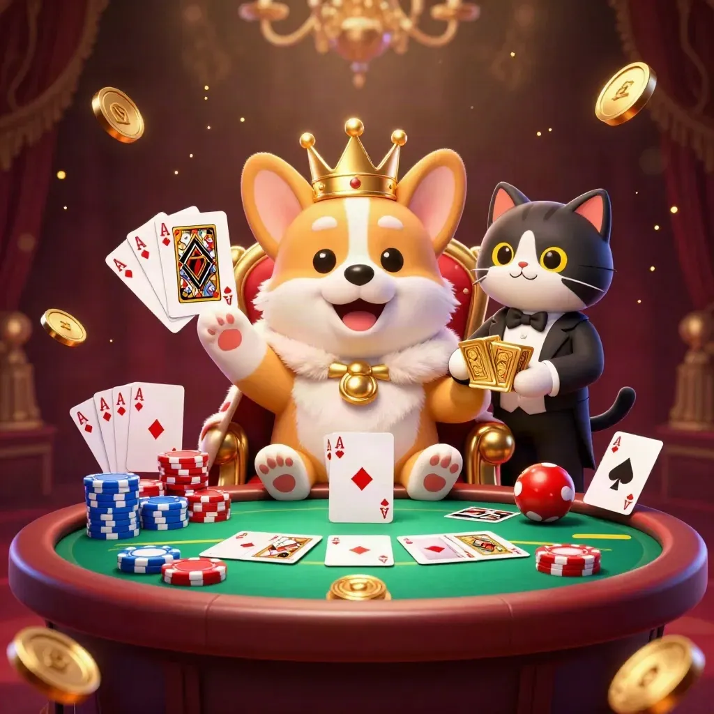 Royal corgi and cat butler amid poker chips, aces, coins, and neon casino glow