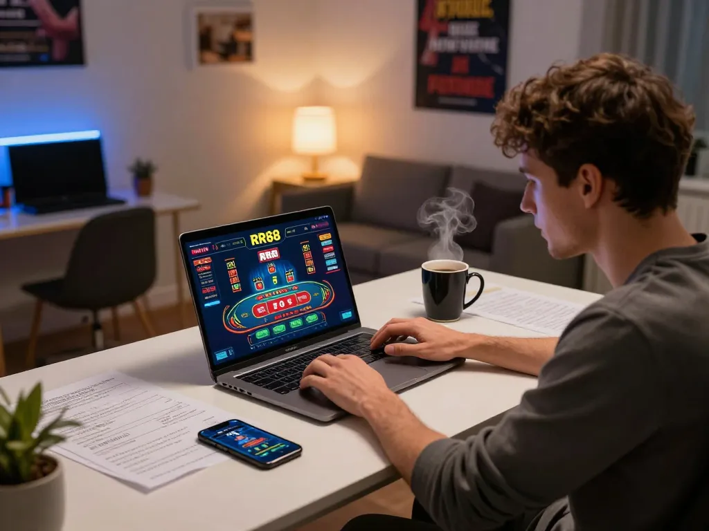 Engaged player using RR88 casino app on laptop, surrounded by strategy notes in cozy home setting.