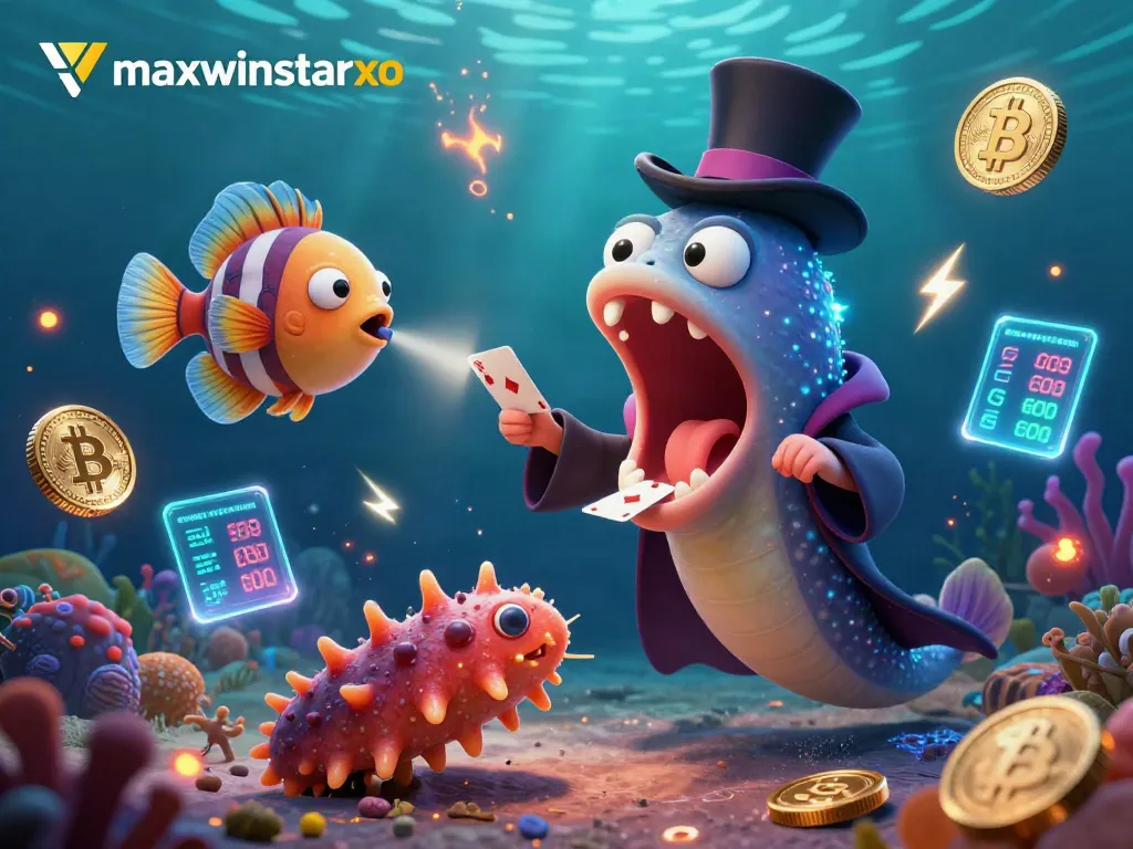 Experience thrilling card tricks by maxwinstarxo's magician eel amidst neon crypto coins.