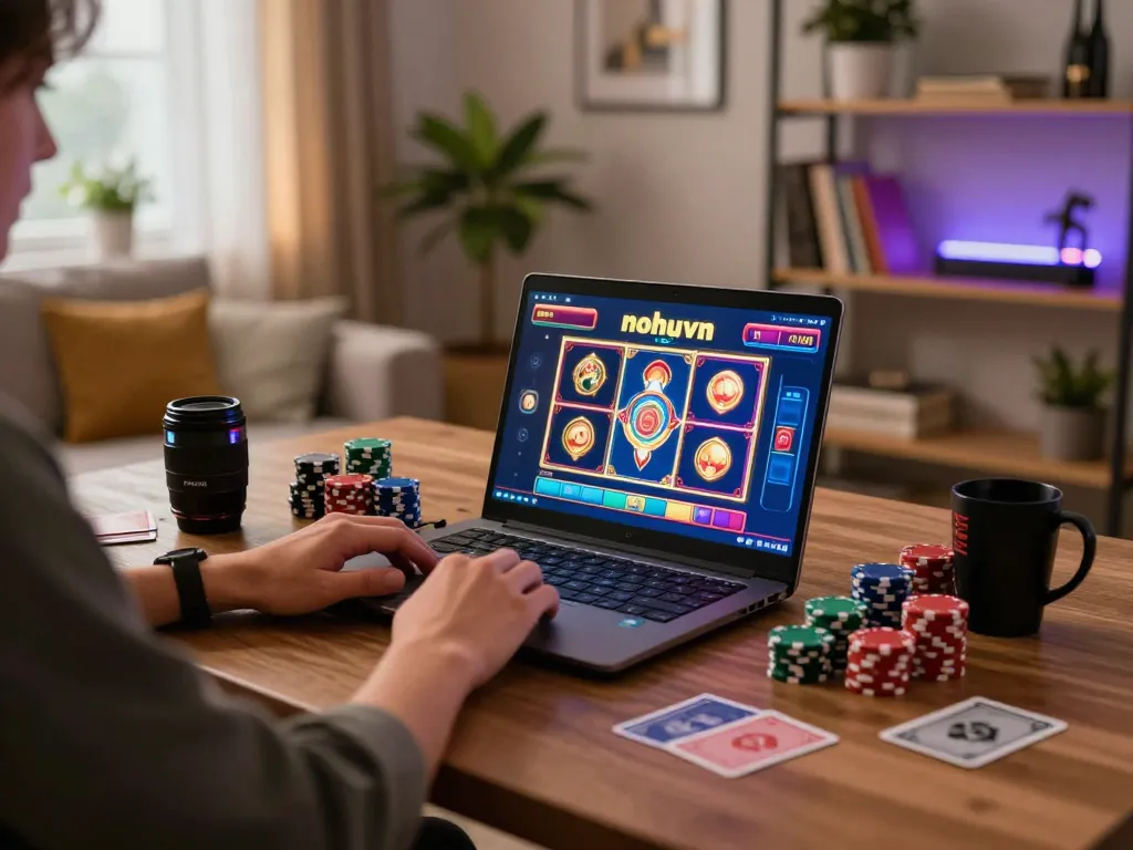 Player enjoying nohuvn slot games on laptop at home, colorful graphics shining on screen.