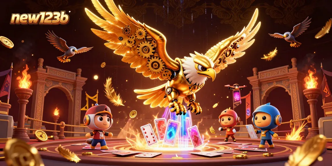 Experience the excitement of new123b with a 3D cybernetic eagle diving through holographic playing cards in a casino setting.