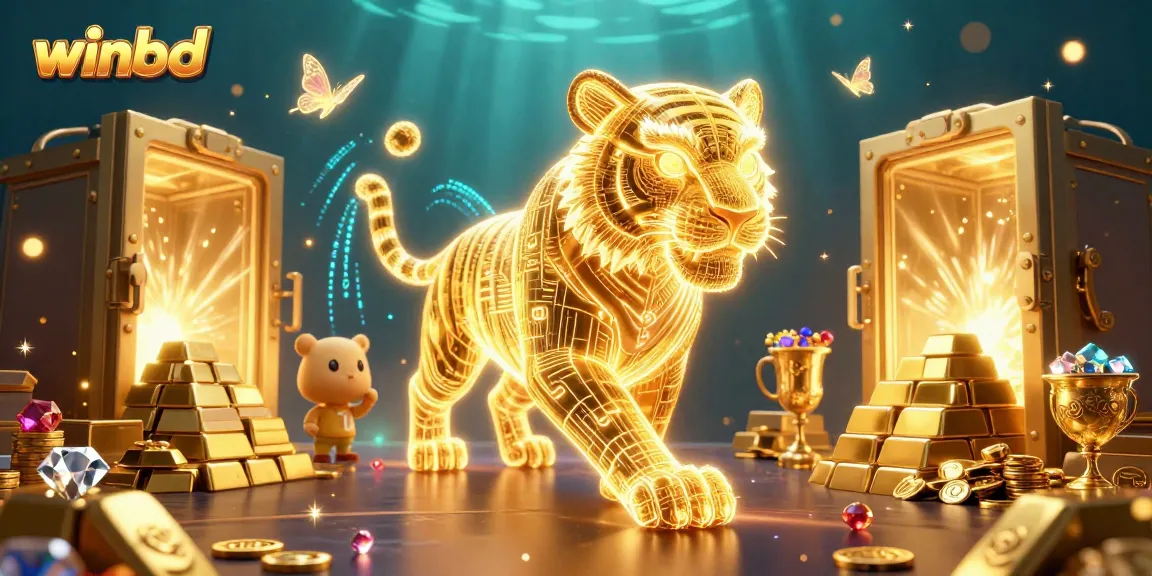 Winbd's immersive gaming experience illustrated with a golden tiger amidst casino treasures.