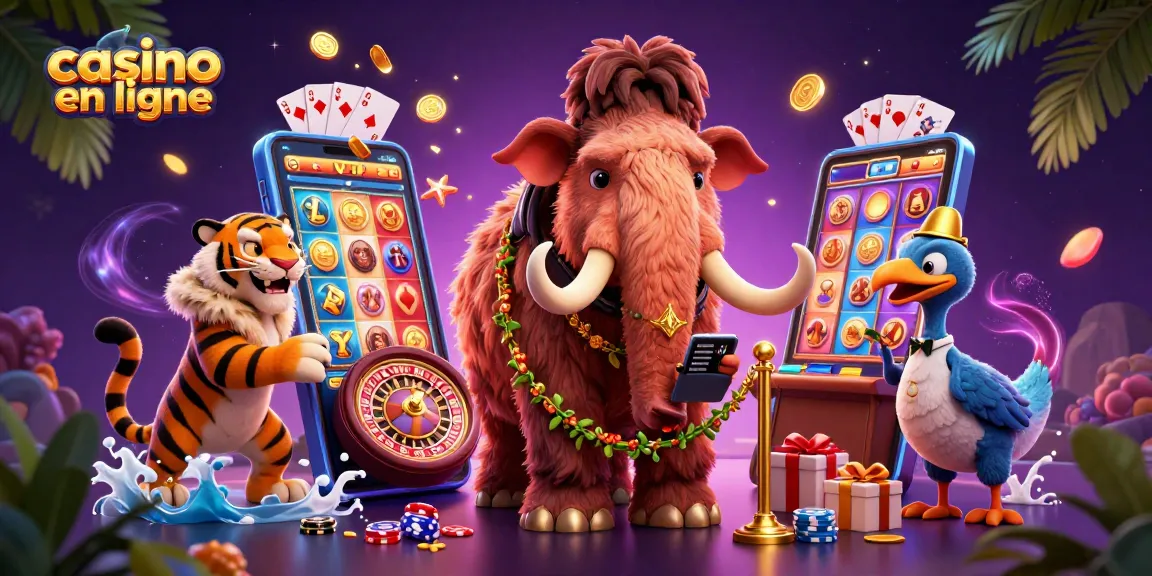 Casino en ligne : mammouth, tigre et oiseau veillant à l'entrée d'un monde de jeux animés.